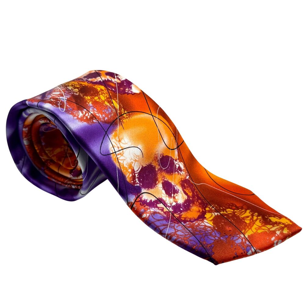 Vintage 90s Jerry Garcia Silk Orange Purple Skull Necktie